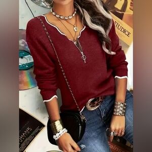 Chic Red Sweater with Scalloped Trim